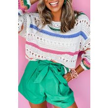 White Color Block Striped Pointelle Knit Sweater
