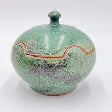 KK signed studio art pottery stoneware trinket dish green 4”vintage Rare W/lid
