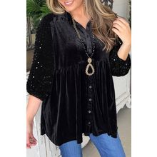 Black Sequin Puff Sleeve Buttoned Velvet Peplum Shirt