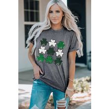 Gray Dotted Clovers Print Round Neck T Shirt