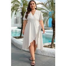Khaki Polka Dot Surplice V Neck Tied Waist Flutter Sleeve Flowy Plus Size Midi D