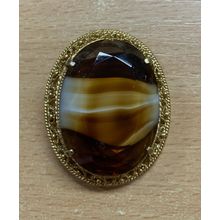 VINTAGE GOLD TONE LARGE AGATE STONE ORNATE BROOCH 33 GRAMS 5cm-TALL (P3)