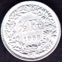 1958 B Switzerland 1 Half Franc Silver Coin