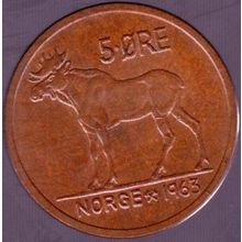 1963 Norway 5 Ore Coin