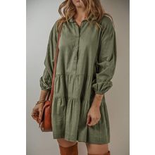 Jungle Green Puff Sleeve Buttoned Tiered Pleated Shirt Mini Dress