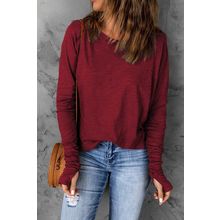 Red Solid Crew Neck Long Sleeve Top