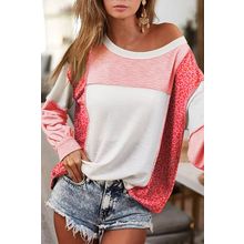 Peach Blossom Leopard Colorblock Patchwork Exposed Seam Top