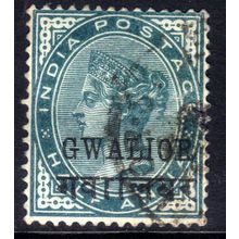 India Gwalior 1885 - 97 QV 1/2 Anna Green Ovpt used SG 16c ( H843 )