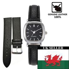 Ladies Small Black Square Face Black Textured Genuine Leather Strap