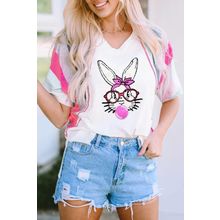 White Easter Rabbit Striped Sleeve Loose Tee