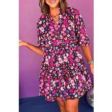 Rose Abstract Print V Neck Collared Half Sleeve Short Dress