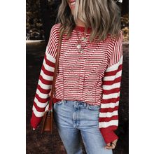 Red Stripe Geometric Textured Drop Shoulder Sweater