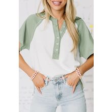 Clearly Aqua Colorblock Raglan Short Sleeve Half Buttons High Low T Shirt