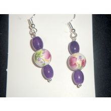 Unique elegant purple flower on whit porcelain plus glass with crystal earrings