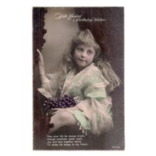 WITH CORDIAL BIRTHDAY WISHES .used vintage postcard girl/grapes unposted