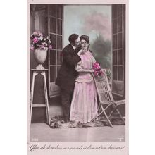 Lovers Flirting On Real Fur Rug Secret Code Glamour Old Romantic Postcard