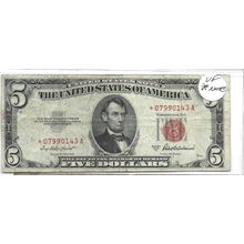 1953-A Red Seal $5.00 STAR NOTE! VF