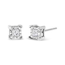 925 Sterling Silver 1/3 Cttw Miracle Set Princess-cut Diamond Solitaire Stud...