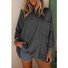 Dark Gray Ribbed Roll-tab Sleeve Chest Pocket Oversize Top