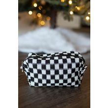 Black Checkered Knitted Zipper Makeup Bag