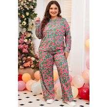Green Plus Size Printed Long Sleeve and Pants Lounge Set
