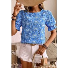 Sky Blue Eyelet Flower Embroidery Frilled Short Puff Sleeve Blouse