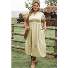 Laurel Green Notched V Neck Puff Sleeve Tiered Plus Size Maxi Dress