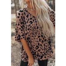Brown Leopard Print V Neck Half Sleeve Oversized Tee