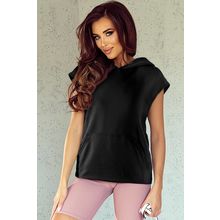 Black Solid Color Cap Sleeve Kangaroo Pocket Hoodie