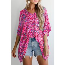 Pink Abstract Print V Neck Half Sleeve Loose Fit Tunic Blouse