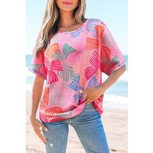 Pink Bowknot Printed Waffle Crewneck Loose Short Sleeve Top
