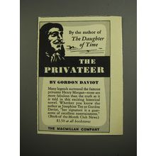 1952 Macmillan Book Advertisement - The Privateer by Gordon Daviot