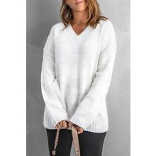 White V neck Drop Shoulder Knitted Sweater