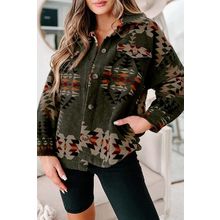 Green Aztec Print Flap Pockets Long Sleeve Shacket