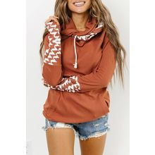 Brown Aztec Print Patchwork Thumb Hole Hoodie