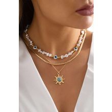 Gold Sun Turquoise Pearl Beaded Multi Layered Pendant Necklace