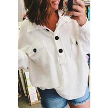 White Plus Size Long Sleeve Flap Pocket Henley Top