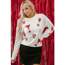 Beige Sequin Cheers Wineglasses Christmas Sweatshirt