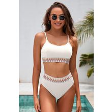 White Textured Contrast Banding Bikini High Waist 2pcs Swimsuit