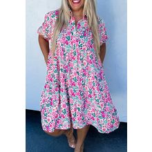 Pink Plus Size Floral Half Button Short Puff Sleeve A-line Dress