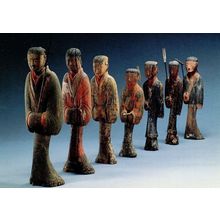 Group Of 7 Lacquered Carved Chinese Statues Figures Hubei Art Postcard