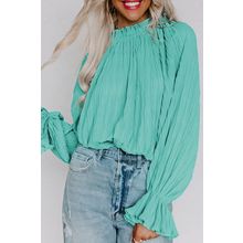 Green Striking Pleated Flared Cuff Long Sleeve Blouse