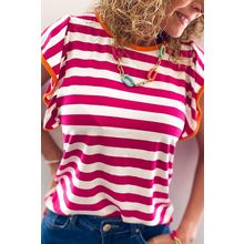 Rose Red Striped Ruffle Sleeve Crew Neck Blouse