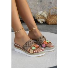 White Floral Print Braided Details Wedge Slippers