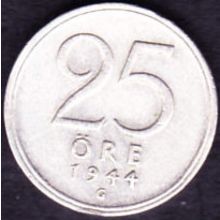 1944 Sweden 25 Ore Silver Coin