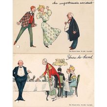 Drunk Lady Restaurant Waiter 2x Old Comic Wrench Series Postcard s