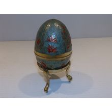 Vintage Brass Enamel Cloisonne Egg w/ Gatco Stand Trinket Box