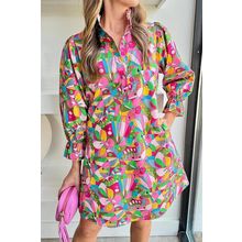 Pink Abstract Printed Lantern Sleeve Buttoned Mini Dress
