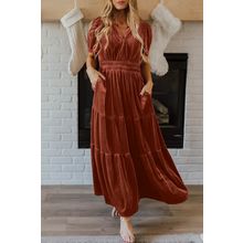 Chestnut Velvet Short Sleeve Shirred Waist Tiered Maxi Dress