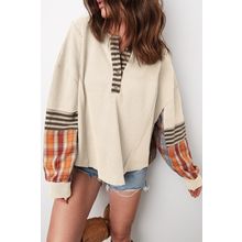 Beige Waffle Stripe Plaid Patchwork Henley Knit Top